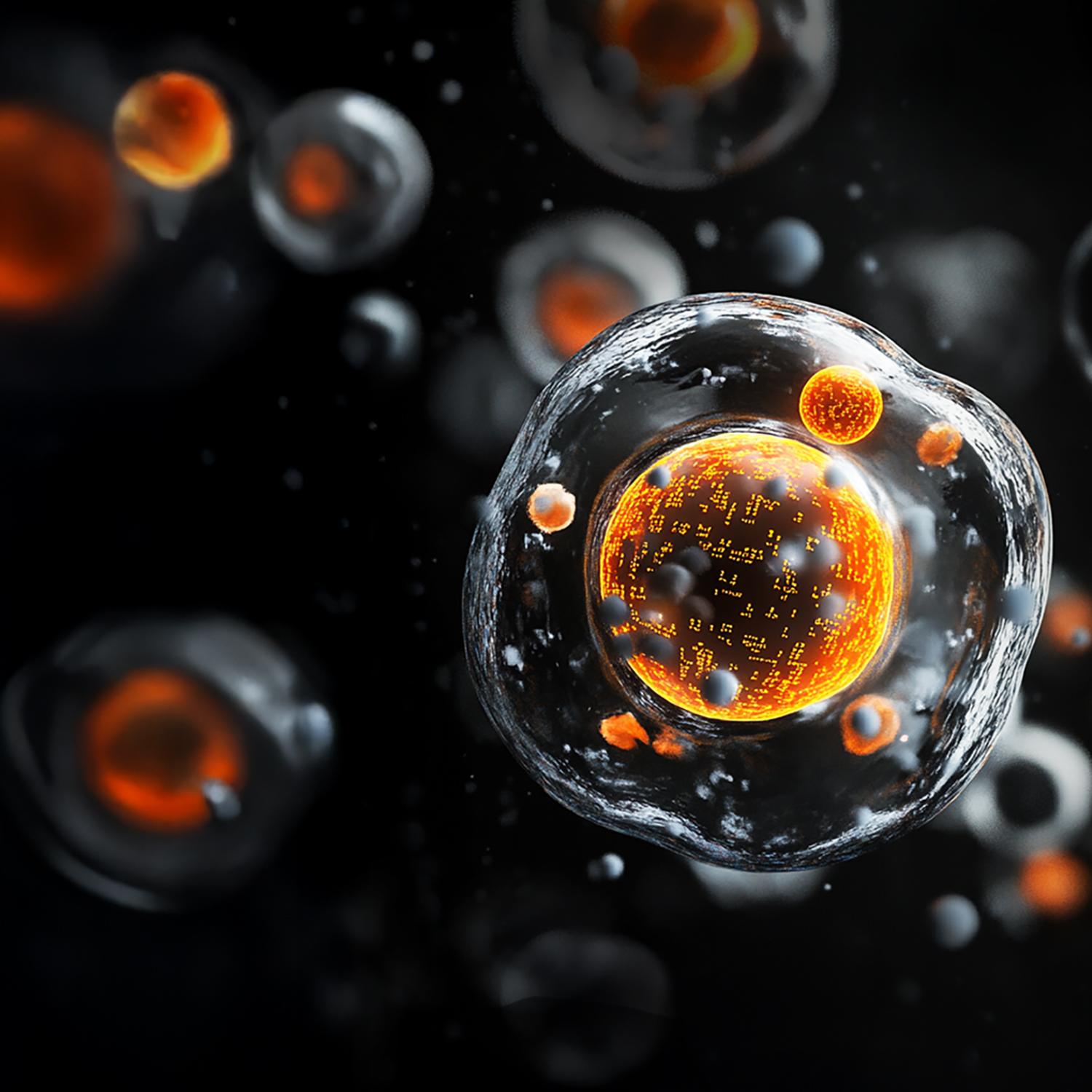 A luminous orange cell suspended in a dark microscopic field